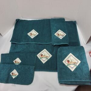Cannon 6pc Hunter Green Embroidered Duck Bath Hand Towel Facecloth Set Vintage